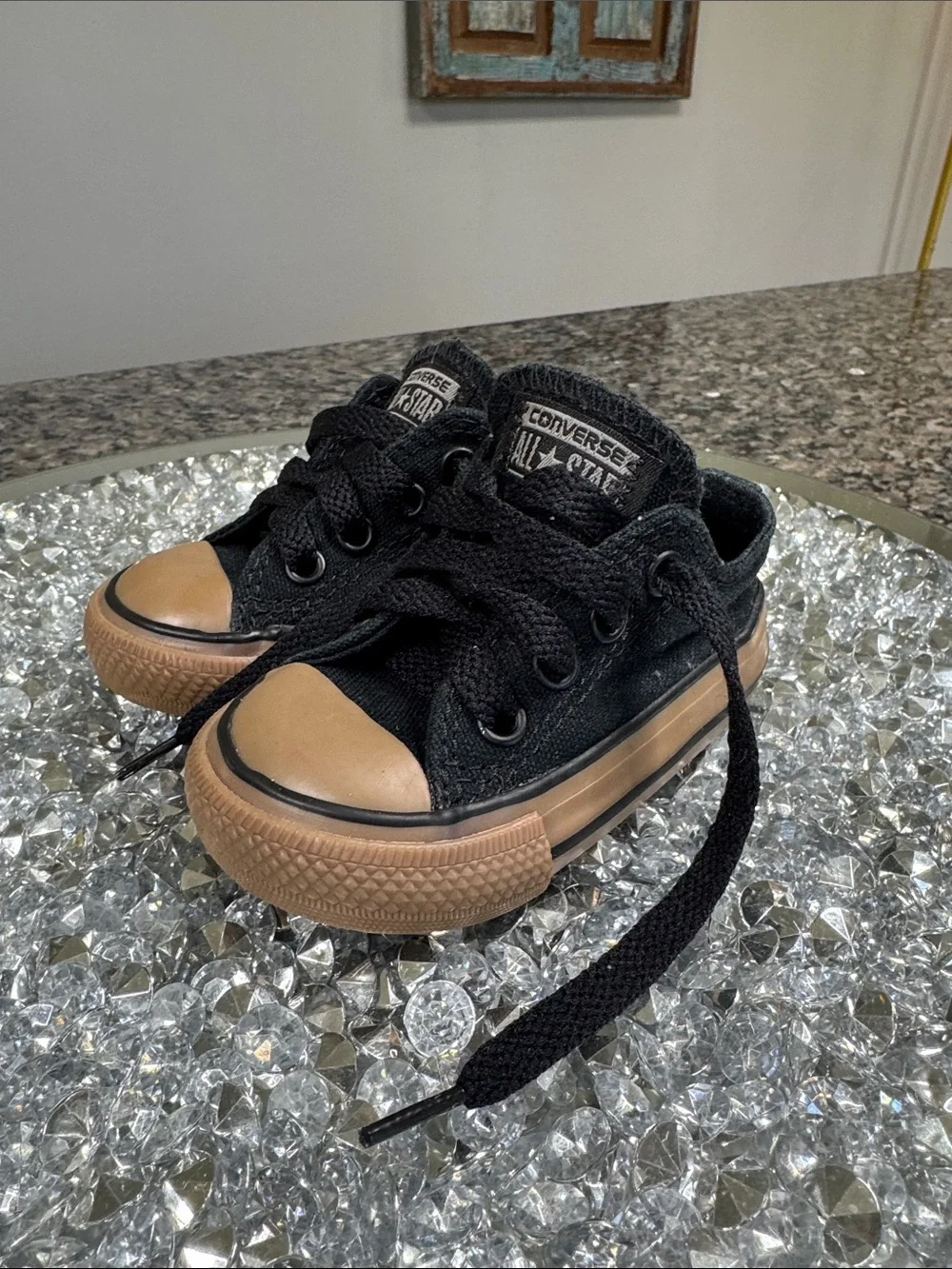 Converse baby toddler Black Sneakers with Tan Toe and Sole EUC 4